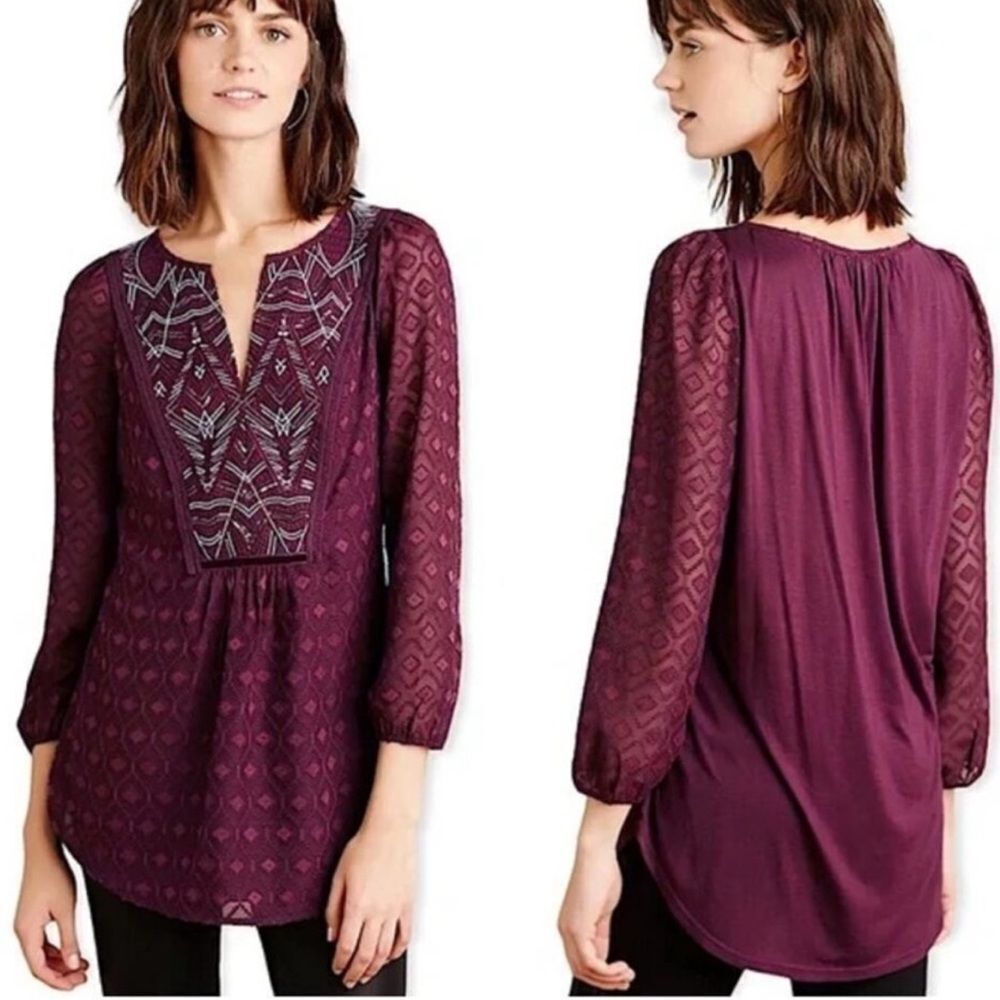 ANTHROPOLOGIE ONE SEPTEMBER Embroidered Tunic Blouse Maroon Women’s Size Medium